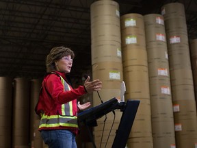Liberal Leader Christy Clark speaks during a campaign stop at Catalyst Paper's distribution centre in Surrey, B.C., on Wednesday April 26, 2017. A provincial election will be held on May 9.
