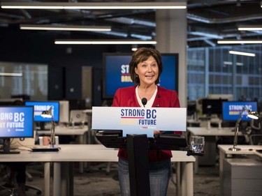 British Columbia Premier Christy Clark makes an announcement about the BC Liberals during a press conference at the Mobify offices in Vancouver, B.C. on Monday, April 10, 2017.