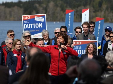 Liberal Leader Christy Clark speaks to candidates and supporters at the Elk Lake boathouse in Saanich, B.C., on Tuesday, April 11, 2017.