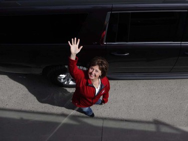 Liberal Leader Christy Clark waves after speaking to candidates and supporters at the Elk Lake boathouse in Saanich, B.C., on Tuesday, April 11, 2017.