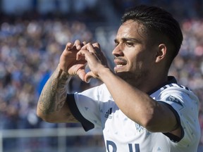 Vancouver Whitecaps midfielder Cristian Techera celebrates his goal against the Montreal Impact during second half MLS action Saturday, April 29, 2017 in Montreal.