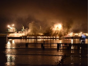 Dark, smelly smoke from a fire at a deep-water port billowed over the town of Squamish on the night of April 16, 2015, forcing municipal officials to ask residents to stay indoors.