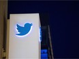 The Twitter logo on a sign at the company's  headquarters in San Francisco, Calif.
