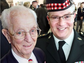Former Seaforth Highlanders of Canada commanding officer, Col. David Fairweather, 97, attended the regiment's Vimy memorial and reunion dinner with current CO, Lt.-Col. Paul Ursich.