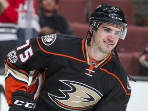 Jaycob Megna #75 of the Anaheim Ducks smiles after leading the team onto the ice before making his career NHL debut in the game against the Chicago Blackhawks at Honda Center on April 6, 2017 in Anaheim, California.