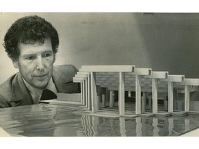 Architect Arthur Erickson with a model of his design for the University of B.C.'s Museum of Anthropology, which was called the Museum of Man when this photo was taken in 1973.