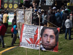 A banner with a photo of Prime Minister Justin Trudeau is displayed at the annual 4/20 cannabis culture celebration at Sunset Beach in Vancouver.