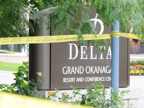Police crime scene outside  Kelowna, BC August 14, 2011 after a shooting incident outside the Delta Grand Hotel. Jonathan Bacon was shot dead. Five others were taken to Kelowna Hospital.
