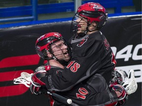 Rhys Duch  and Logan Schuss celebrate Duch's goal on the Colorado Mammoth last weekend.