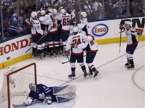Marco Johansson scores on Frederik Andersen in OT to win the game and series as the Toronto Maple Leafs play the Washington Capitals in Game Six in their first round playoffs at the Air Canada Centre in Toronto on Wednesday April 19, 2017. Michael Peake/Toronto Sun/Postmedia Network