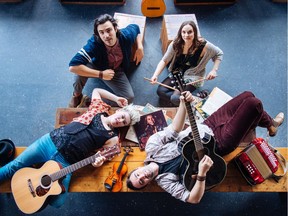 Musician David Z. Cohen, Anna Kuman(co-creator and choreographer), Andrew Cohen (co-creator and director) and musician Sara Vickruck, work on Circle Game: Reimagining the Music of Joni Mitchell.