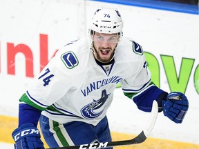PENTICTON, BC., September 19, 2016 --  Vancouver Canucks' Yan-Pavel Laplante (74) celebrates his goal against the Calgary Flames during first period 2016 NHL Young Stars Classic action at the South Okanagan Events Centre in Penticton, BC., September 19, 2016.   (NICK PROCAYLO/PostMedia)  00045190A [PNG Merlin Archive]