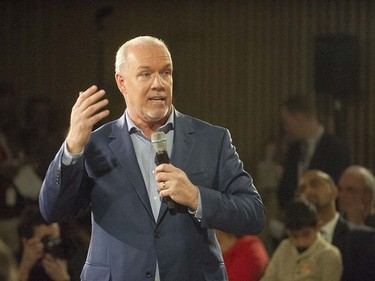 The B.C. NDP delivered its 2017 platform, “Working for You,” Thursday morning with a pledge to create 96,000 jobs, build 114,000 homes and restore public services. Horgan leads a town hall meeting at Orpheum Annex in Vancouver, B.C., April 11, 2017.