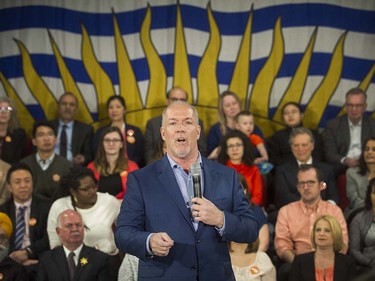 B.C. NDP Leader John Horgan leads a town hall meeting at Orpheum Annex in Vancouver, B.C., April 11, 2017.