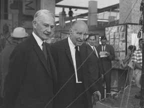Prentice Bloedel (left) and H.R. MacMillan in 1974. The two forestry moguls merged their companies in 1951 to create the world's second-biggest lumber firm at the time.