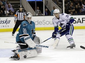 San Jose Sharks goalie Martin Jones (31) stops a shot next to Vancouver Canucks center Brandon Sutter (20) during the third period of an NHL hockey game Tuesday, April 4, 2017, in San Jose, Calif.