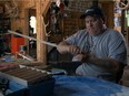 Basket maker Stephen Jerome at work in My Father's Tool, the short film from Heather Condo that is part of the Wapikoni Cinema on Wheels tour.