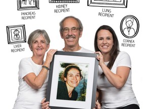 From left, Sue Hurn, Jerry Hurn and Briony Hurn hold up a portrait of Amy Hurn. Amy died at age 32, days after being struck by a car in East Vancouver on March 27, 2012, while cycling to her teaching job at Vancouver Technical Secondary. The organs and eyes she donated saved five lives and helped improve the eyesight of others.