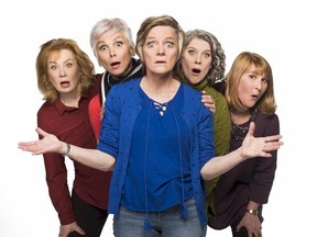 The cast of Mom's the Word 3: Nest 1/2 Empty (left to right): Barbara Pollard, Jill Daum, Robin Nichol, Alison Kelly and Deborah Williams. The show runs from April 6 to May 20, 2017 at the Arts Club Granville Island Stage in Vancouver.