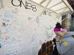 A memorial and message board for victims of the overdose epidemic in Vancouver's Downtown Eastside. The opioid crisis and the resulting overdose deaths are being called a "bloodbath" by Vancouver's mayor.