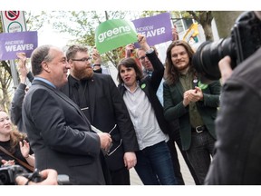 Green party candidate for Vancouver-West End James Marshall, far right, at a recent event with party leader Andrew Weaver. Marshall has apologized for social media posts written in poor taste.