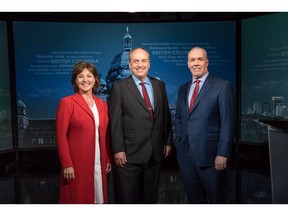 Form left, B.C. Liberal Leader Christy Clark, Green party Leader Andrew Weaver and NDP Leader John Horgan pose before the televised leaders debate on April 26, 2017.