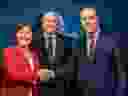  From left, B.C. Liberal Leader Christy Clark, Green party Leader Andrew Weaver and NDP Leader John Horgan pose before the televised leaders debate on April 26, 2017. 