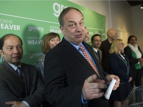 Vancouver, BC: April 12, 2017 -- B.C. Green Party leader Andrew Weaver, surrounded by local candidates, speaks to the media in Vancouver, BC Wednesday, April 12, 2017.