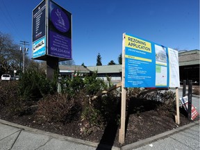 A lot at the northwest corner of Broadway and Alma for which the City of Vancouver has received a rezoning proposal for a six-storey, mixed-use building.
