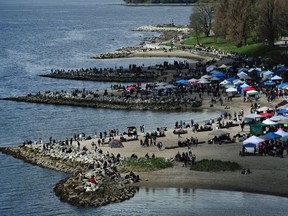 Thursday's 4/20 event at English Bay seen from the Burrard Street Bridge.