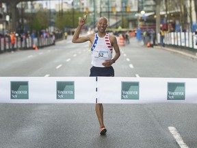 Joseph Gray of Colorado Springs finishes first in men's. About 40,000 runners competed in 2017 Vancouver Sun Run in Vancouver, B.C., April 23, 2017.