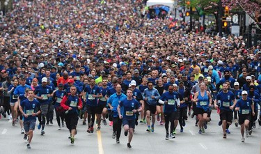 Thousands of runners at the start line for the 33rd Annual Sun Run on W Georgia St. in Vancouver, BC., April 23, 2017. U.S. athlete Joseph Gray crossed the finish line in 29 minutes and  38 seconds with Vancouver runner Geoff Martinson ranked second, completing the race in 29 minutes and 46 seconds. The event is the largest 10km road race in Canada.