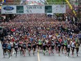 Thousands of runners at the start line for the 33rd Annual Sun Run on W Georgia St. in Vancouver, BC., April 23, 2017. U.S. athlete Joseph Gray crossed the finish line in 29 minutes and  38 seconds with Vancouver runner Geoff Martinson ranked second, completing the race in 29 minutes and 46 seconds. The event is the largest 10km road race in Canada.