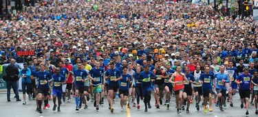 Thousands of runners at the start line for the 33rd Annual Sun Run on W Georgia St. in Vancouver, BC., April 23, 2017. U.S. athlete Joseph Gray crossed the finish line in 29 minutes and  38 seconds with Vancouver runner Geoff Martinson ranked second, completing the race in 29 minutes and 46 seconds. The event is the largest 10km road race in Canada.