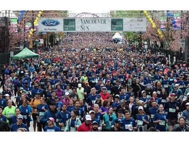 Thousands of runners at the start line for the 33rd Annual Sun Run on W Georgia St. in Vancouver, BC., April 23, 2017. U.S. athlete Joseph Gray crossed the finish line in 29 minutes and  38 seconds with Vancouver runner Geoff Martinson ranked second, completing the race in 29 minutes and 46 seconds. The event is the largest 10km road race in Canada.