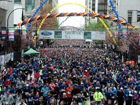 Thousands of runners at the start line for the 33rd Annual Sun Run on W Georgia St. in Vancouver, BC., April 23, 2017. U.S. athlete Joseph Gray crossed the finish line in 29 minutes and 38 seconds with Vancouver runner Geoff Martinson ranked second, completing the race in 29 minutes and 46 seconds. The event is the largest 10km road race in Canada.