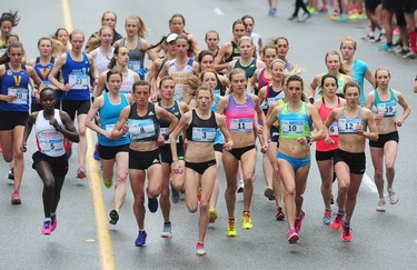 Thousands of runners at the start line for the 33rd Annual Sun Run on W Georgia St. in Vancouver, BC., April 23, 2017. U.S. athlete Joseph Gray crossed the finish line in 29 minutes and  38 seconds with Vancouver runner Geoff Martinson ranked second, completing the race in 29 minutes and 46 seconds. The event is the largest 10km road race in Canada. Karolina Jarzynska-Nadolska (8) of Poland was the first female runner to cross the finish line in 32 minutes 39 seconds.