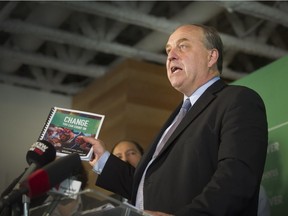 Green party leader Andrew Weaver delivers the party's election platform in Chinatown on Monday.