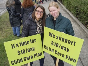 Sharon Gregson of the Coalition of Child Care Advocates of B.C. and daughter Emily, along with other parents, grandparents, caregivers, and kids, demonstrated at MLA Suzanne Anton’s office at Vancouver on March 25 in favour of $10-a-day daycare.