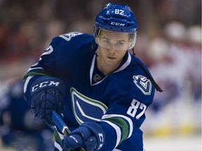 Vancouver Canucks #82 Nikolay Goldobin during the pre game skate prior to the Canucks playing the Montreal Canadiens in a regular season NHL hockey game at Rogers arena, Vancouver March 07 2017.