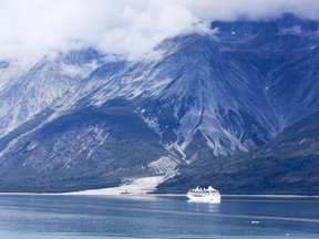 A cruise liner exploring Glacier Bay National Park in Alaska.