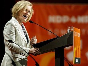 ‘As I have said from the beginning, the twinning of the Trans Mountain Pipeline is critical not only to Alberta’s economy, but to the national economy,’ says Alberta Premier Rachel Motley, shown here speaking at the NDP’s national convention last year in Edmonton.