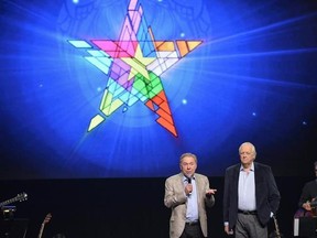FILE - In this April 4, 2014 file photo, composer Andrew Lloyd Webber, left, and lyricist Tim Rice announce the new &ampquot;Jesus Christ Superstar&ampquot; North American arena tour at a press conference in New York. NBC announced Wednesday, May 10, 2017, that it will bring to broadcast television ‚ÄúJesus Christ Superstar Live!,‚Äù the iconic 1971 Broadway rock opera by Webber and Rice. They will serve as executive producers with Marc Platt, Craig Zadan and Neil Meron. (Photo by Evan Agostini/Invision/AP, Fil