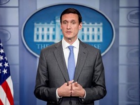 Homeland security and counterterrorism adviser Tom Bossert speaks about malware known as WannaCry, Monday, May 15, 2017, during the daily press briefing at the White House in Washington. President Donald Trump‚Äôs homeland security adviser has a message to those blaming U.S. intelligence agencies for the cyberattack encircling the globe: Don‚Äôt point a finger at the National Security Agency. Blame the hackers. (AP Photo/Andrew Harnik)