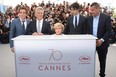 Actress Ben Stiller, from left, Dustin Hoffman, Emma Thompson, director Noah Baumbach and actor Adam Sandler pose for photographers during the photo call for the film The Meyerowitz Stories at the 70th international film festival, Cannes, southern France, Sunday, May 21, 2017. (Photo by Arthur Mola/Invision/AP)
