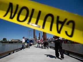 Tourists stop to take photos on a dock at Steveston Harbour where a girl was pulled into the water by a sea lion on the weekend, in Richmond, B.C., on Tuesday, May 23, 2017. THE CANADIAN PRESS/Darryl Dyck