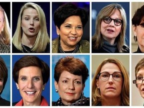 This photo combination of images shows the 10 highest paid women CEOs in 2016, according to a study carried out by executive compensation data firm Equilar and The Associated Press. Top row, from left: IBM CEO Virginia Rometty; Yahoo CEO Marissa Mayer; PepsiCo CEO Indra Nooyi; General Motors CEO Mary Barra, and General Dynamics CEO Phebe Novakovic. Bottom row, from left: Lockheed Martin CEO Marillyn Hewson; Mondelez International CEO Irene Rosenfeld; Duke Energy CEO Lynn Good; Mylan CEO Heather