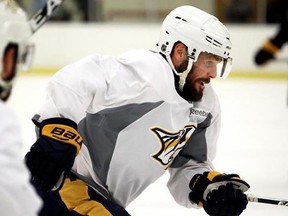 Nashville Predators center Mike Fisher skates during practice at the team&#039;s NHL hockey facility Thursday, May 25, 2017, in Nashville, Tenn. Fisher did not play in the final two games of the Western Conference finals against the Anaheim Ducks after suffering a head injury in Game 4. Predators general manager David Poile said Wednesday there&#039;s &ampquot;a real good chance&ampquot; Fisher could return in Game 1 of the Stanley Cup Finals on May 29. (AP Photo/Mark Humphrey)
