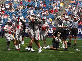 FOXBORO, MA - MAY 27:  Ohio State Buckeyes celebrate after scoring in the third quarter during the game against Towson during the Semifinals Men's Lacrosse Championship at Gillette Stadium on May 27, 2017 in Foxboro, Massachusett