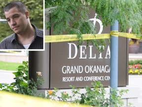 The police crime scene outside the Delta Grand Hotel after the shooting of Jonathan Bacon, inset, on Aug. 14, 2011.